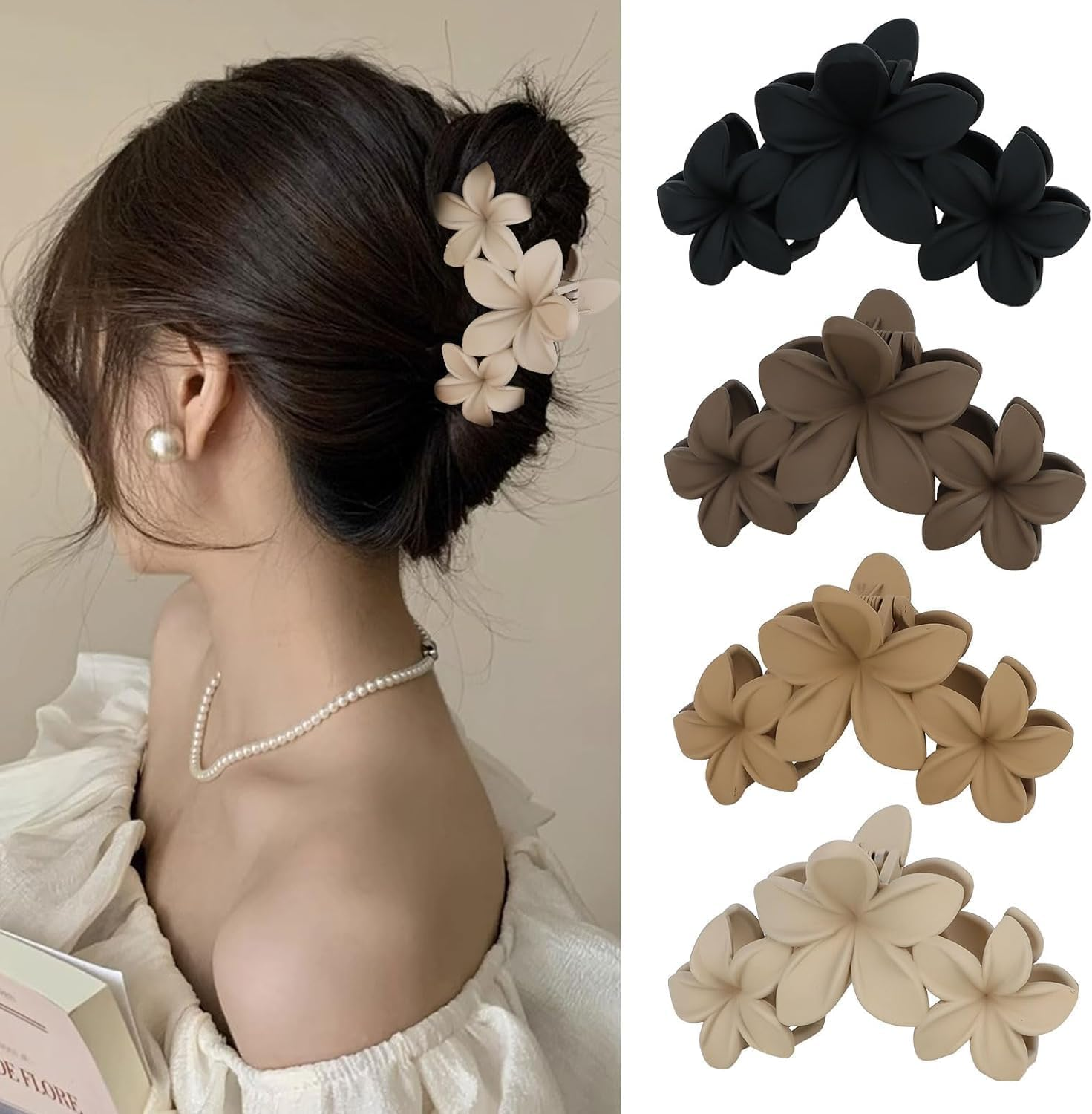 4PCS Flower Hair Claw Clips Non-Slip Matte Flower Hair Clips for Women Cute Hair Clips, Hawaiian Hair Flower Clip Large Plumeria Hair Clip Strong Hold image number 4