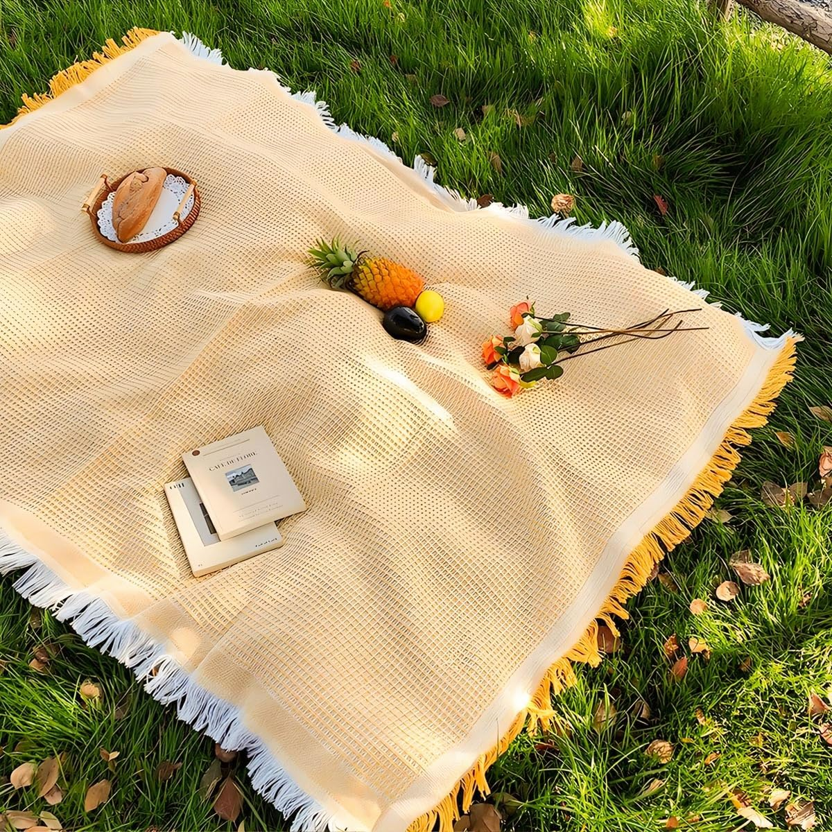 Outdoor Picnic Blankets Foldablet, Tent Camping Blanket,Picnic Mat,Picnic Rug,Camping Accessories,Beach,Grass,Tent Mat Washable (Yellow Grid 180X130Cm) - Yellow T Grid 180X130Cm image number 7