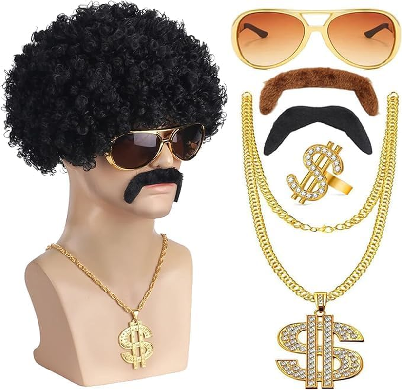 6 Pcs Hip Hop Wig Kit, Mens 70S/80S Disco Costume Set, Hippie Wig/Punk Sunglasses/Dollar Sign Finger Ring and Necklace/False Beard Theme Party Cosplay Accessories image number 5