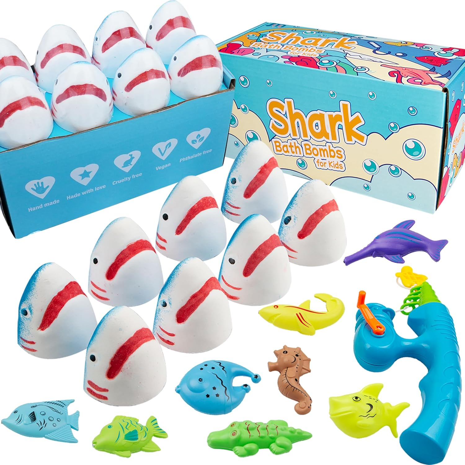 Shark Bath Bombs for Kids with Surprise Fishing Toy Set, 8 Fun Exploding Bath Balls & 9 Fishing Toys, Natural Handmade Organic Bubble Bath Fizzies, Ideal Birthday Holiday Boys Girls image number 6
