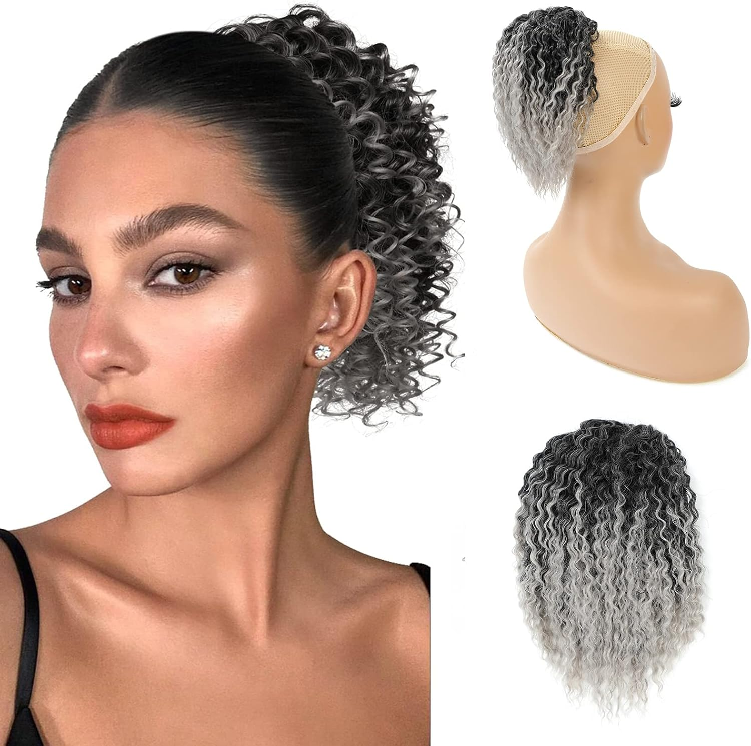 Drawstring Afro Puff Kinky Curly Ponytail Extension Clip in Hairpiece Ponytail Hair Extension (2X Grey)