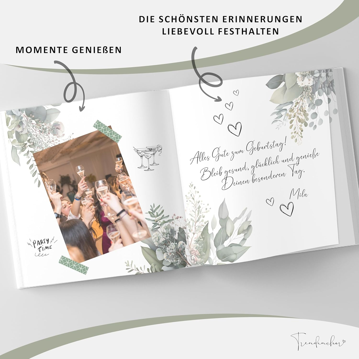 My Birthday Guest Book with Wine Labels - Memory Book Eucalyptus Look Family & Friends to Fill in No Questions - Blank Hardcover 72 Pages (Mein Geburtstag, 21 X 21 Cm) - 40 My Birthday image number 6