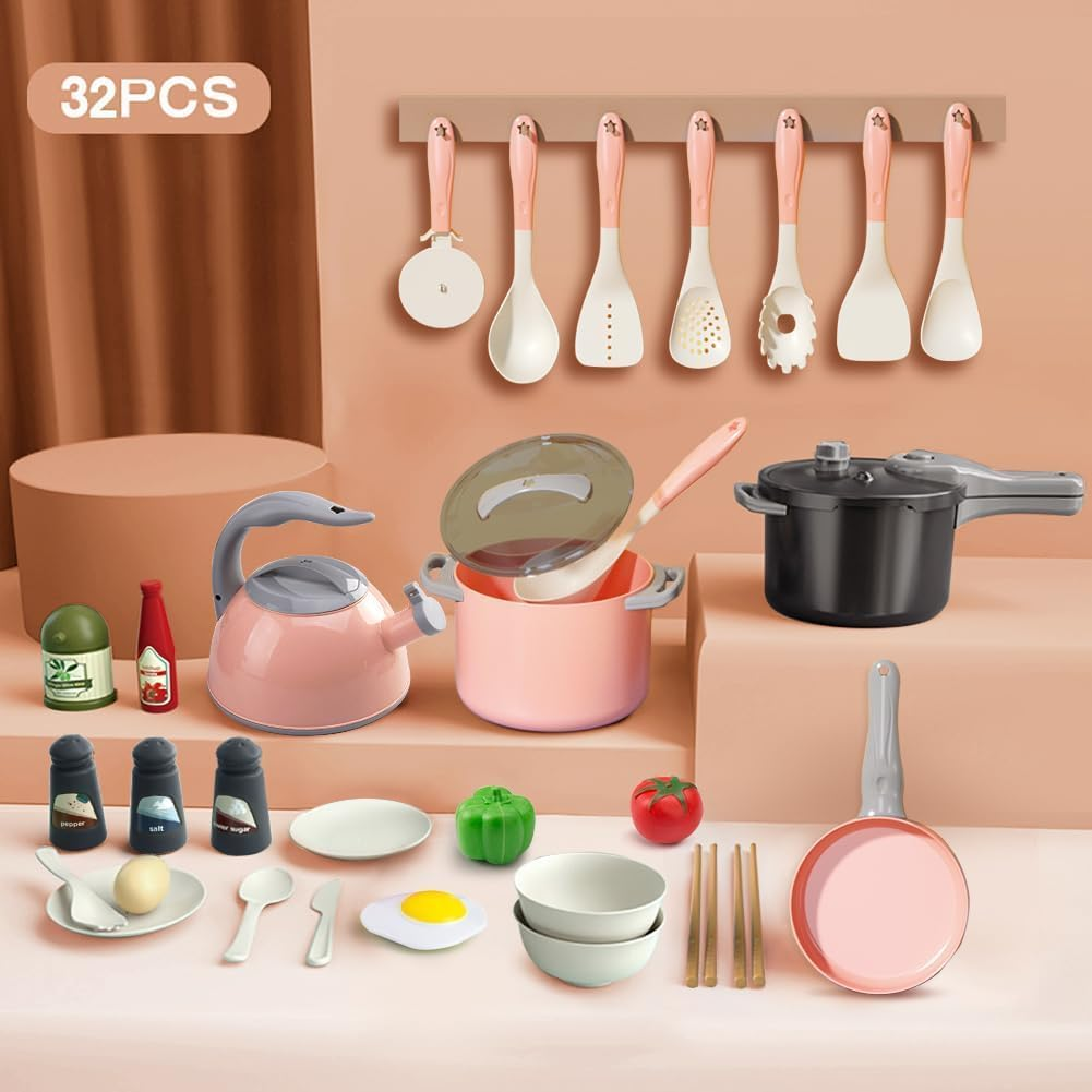 32Pcs Kids Play Kitchen Toys Set, Toddlers Pretend Cooking Playset Acccessories with Pots Pans, Utensils Cookware, Foods, Canned Veges, Learning Gift for Kids Girls Boys (Pink) image number 1