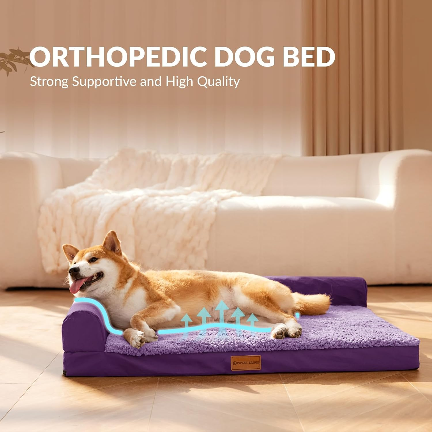 Patas Lague Orthopedic Dog Bed for Medium Dogs 76X51Cm, Waterproof L Shaped Medium Dog Sofa Beds with Removable Washable Cover, Soft Pet Couch Bed Mat with Nonskid Bottom, Purple image number 3