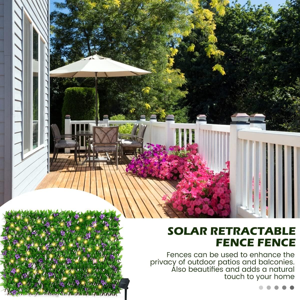 HSHGZSR Expandable Fence Privacy Screen with Solar String Lights Violet Hedges Backdrop Decor Faux Trumpet Flower Fence Screen for Patio Garden Balcony Backyard image number 1