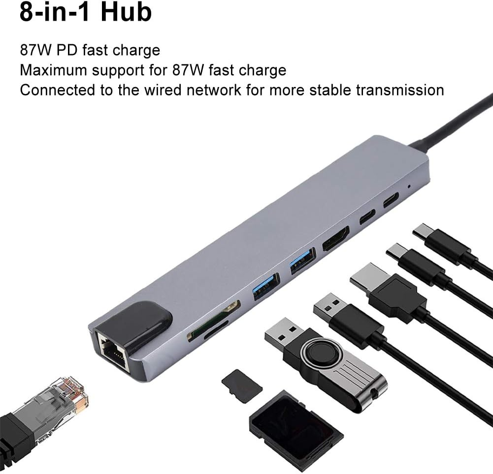 8 In1 Hub,Type C to RJ45 PD USB Docking Station Type C Hub Splitter Converter Adapter Support up to 480M Usb,Support USB 2.0 Memory Card image number 3