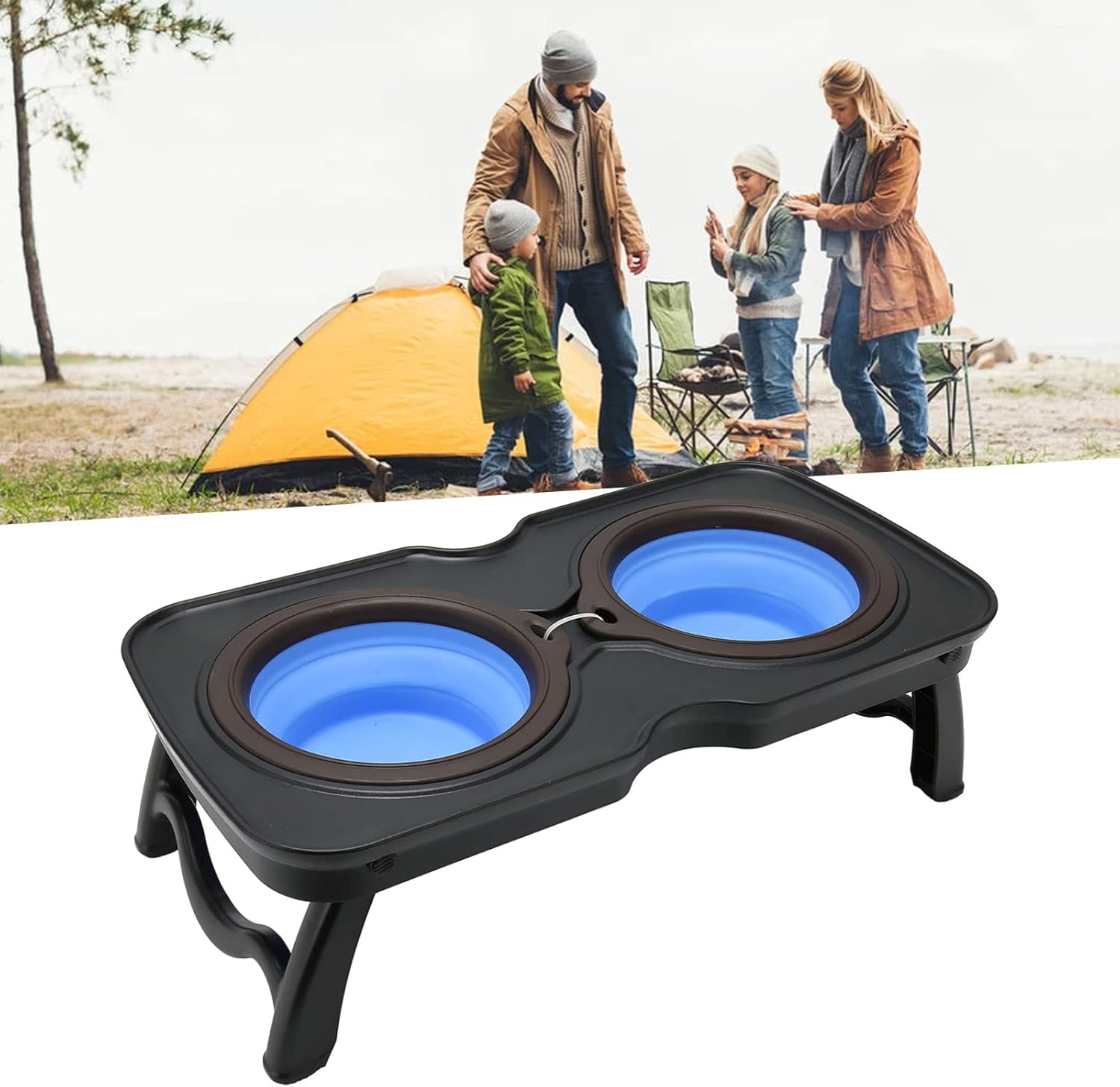 Foldable Elevated Dog Bowls, Double Food and Water Bowls with Stand, Collapsible Dog Travel Bowl Folds for Easy Storage Collapsible Feeding Table for Outdoor Camping Travel(Large, Blue) image number 1