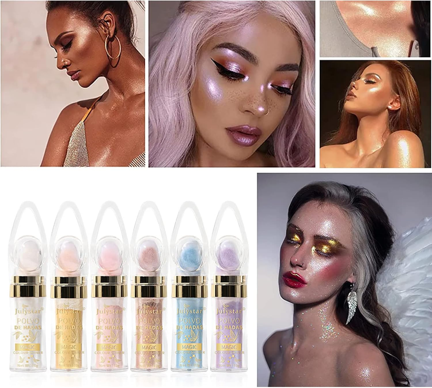 Joyeee Body Glitter, 6Colors Face Glitter Powder, Shimmer High Gloss Powder Brighten Dimension Skin, Nude Shiny Blush Nose Shadow for Body Face Hair Eye, Travel Size Sparkle Glow Cosmetic Gift Kit image number 2