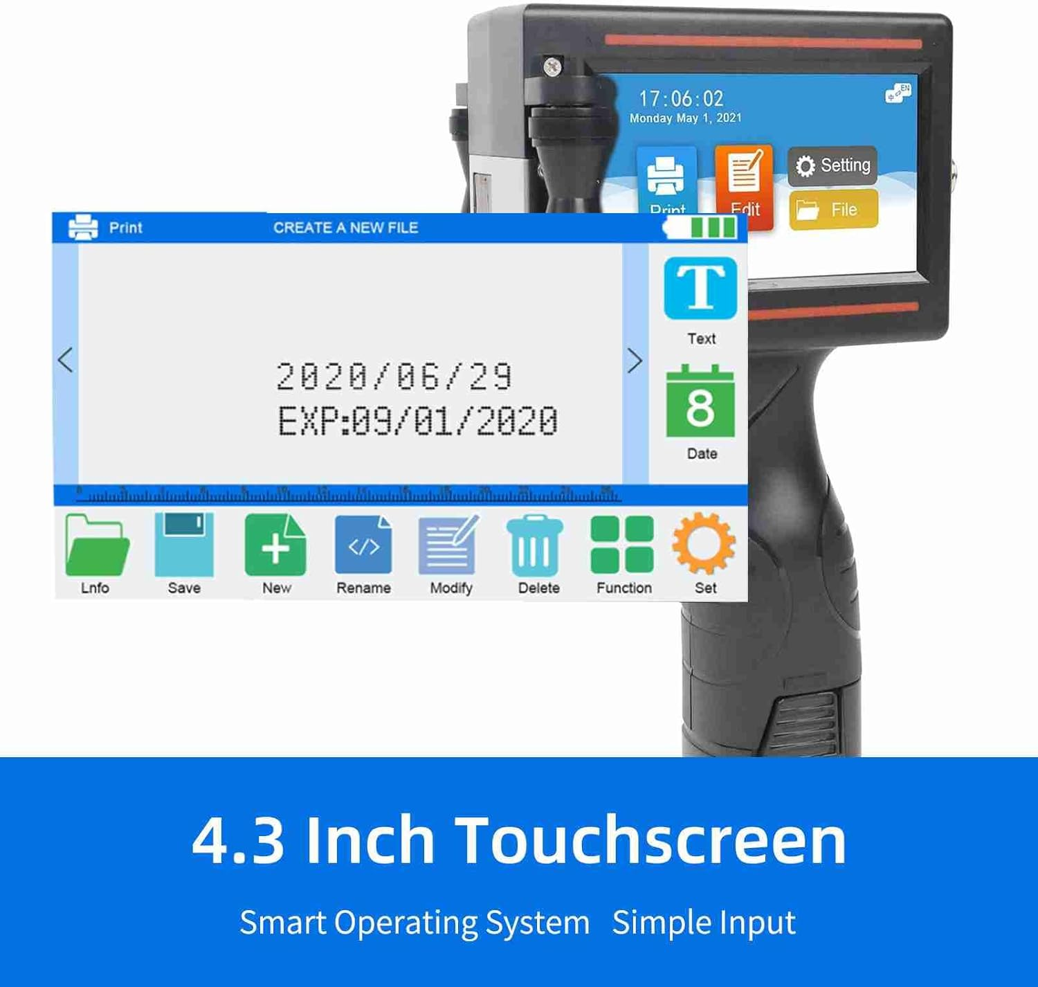 Domary Handheld Printer Portable Inkjet Printer High Definition Inkjet Code Printer with 4.3 Inch LED Touchscreen Quick-Drying Ink Cartridge for Label/Production Date/Barcode/Trademark/Logo/Graphic. image number 3