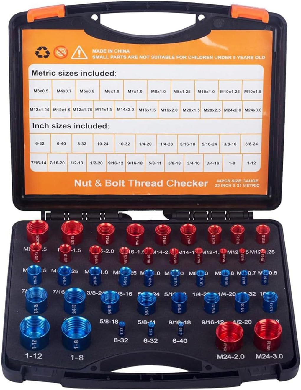 44Pcs Nut and Bolt Thread Checker, Carbon Steel Identifier Thread Gauges Set with Storage Box, Standard SAE and Metric Sizes Individually Assembled Thread for Maintenance image number 6