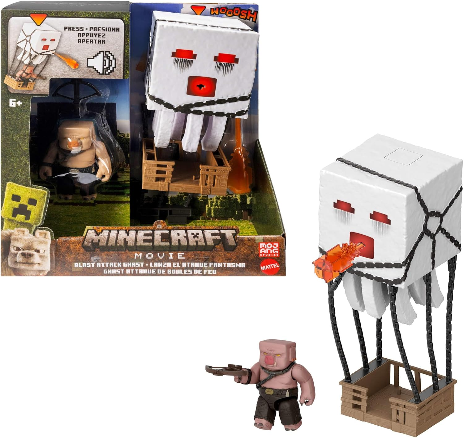 Mattel Minecraft Action Figure Set, Blast Attack Ghast with Lights, Sounds, Launcher & Projectile, plus Piglin Warrior Inspired by the Movie image number 1