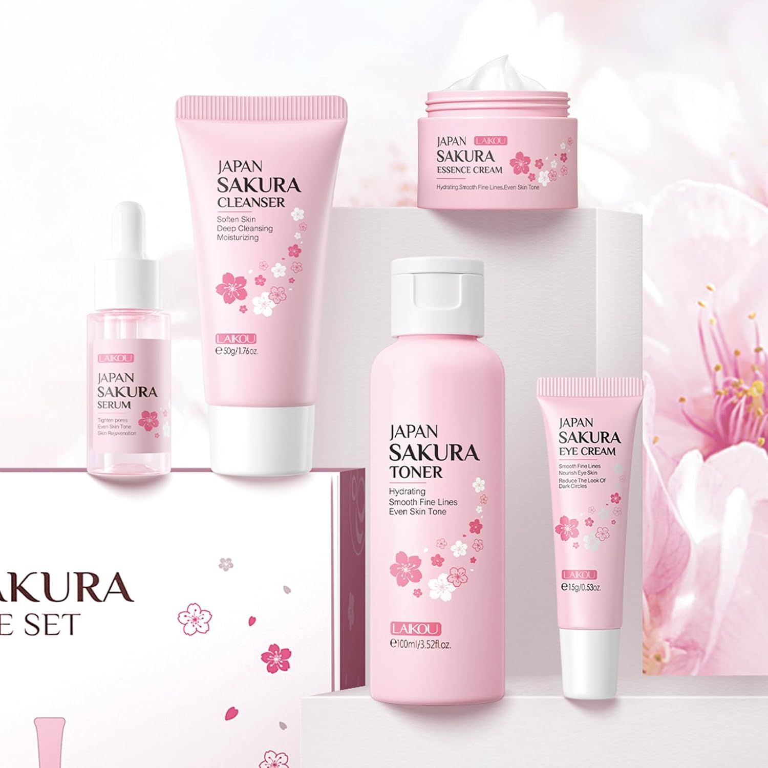 LAIKOU Skin Care Set JAPAN SAKURA Women Beauty Gift Sets Skin Care Kit with Cleanser, Toner, Serum, Eye Cream, Face Cream Travel Kit for Women Teen Girls Mom Daughter Birthday Tsa-Friendly Sizes 5Pcs