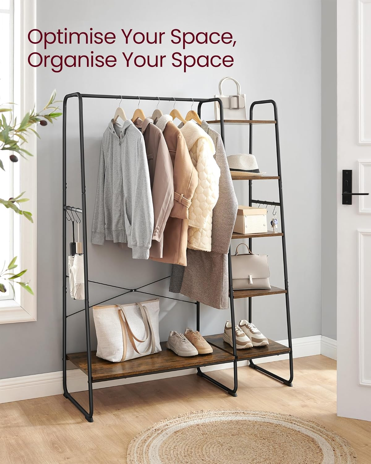 VASAGLE Clothes Rack, Clothing Rack with Shoe Shelf, 5-Tier Storage Rack, 6 Side Hooks, for Bedroom, Living Room, Rustic Brown and Black URGR116B01 image number 4