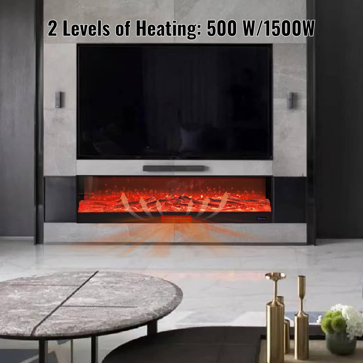 USOR Electric Fireplace 150Cm Recessed Wall Mounted Heater Linear Fireplace Smoke-Free Wood Charcoal Led Ultra Thin Remote Control 7 Colors Flame 5 Levels Dimmable Insert Fireplace Heating 750W/1500W image number 2