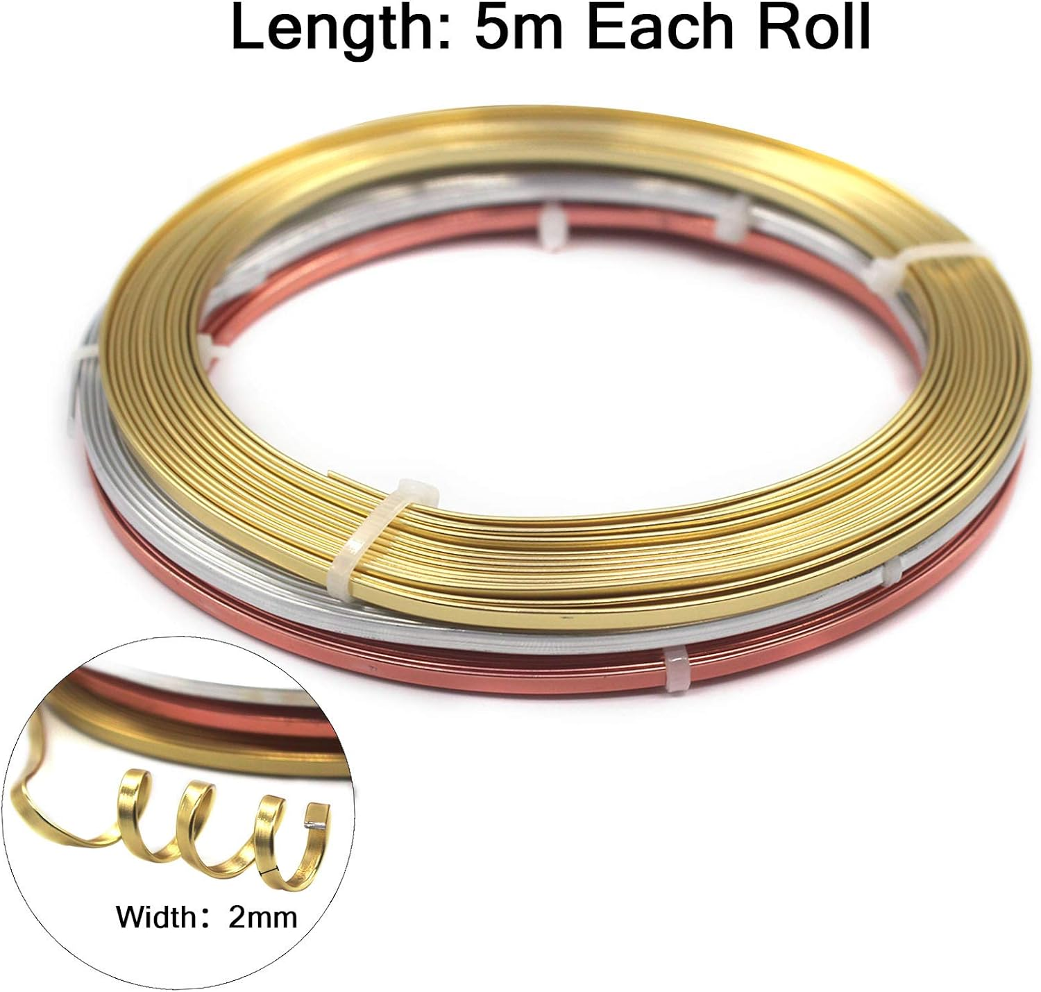 Cinvo 3 Rolls Flat Craft Wire Jewelry Wire Flexible Aluminium Wire Tarnish Resistant for Bezel Sculpting DIY Jewelry Craft Making (1Mm Thickness, 3Mm Width, Silver, Gold, Rose Gold) image number 2