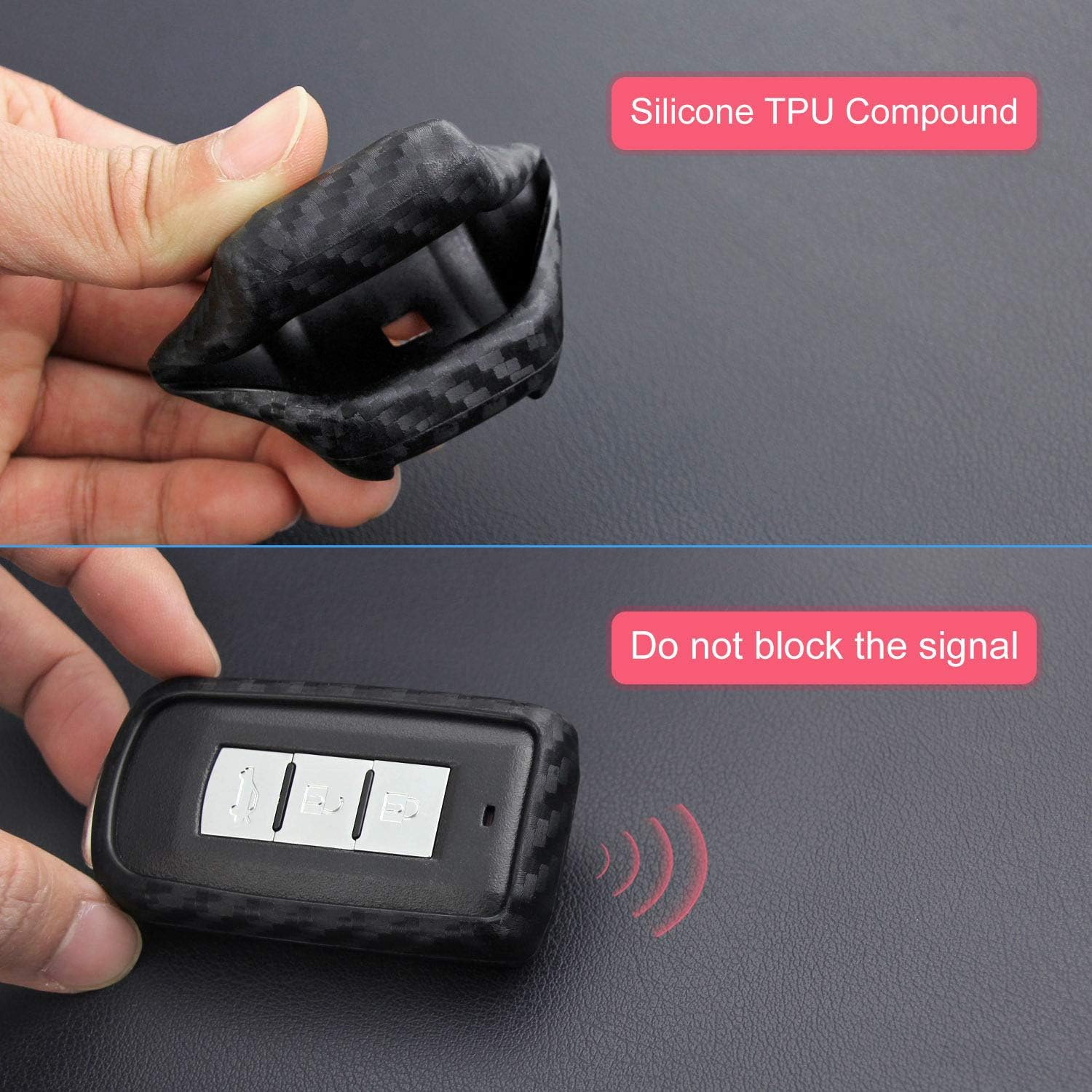 M.Jvisun Soft Silicone Rubber Carbon Fiber Texture Case Key Fob Cover for Mitsubishi ASX Eclipse Cross Fortis Galant Lancer EVO Evolution Mirage Outlander RVR Car Key Shell - Black - round Keychain image number 2