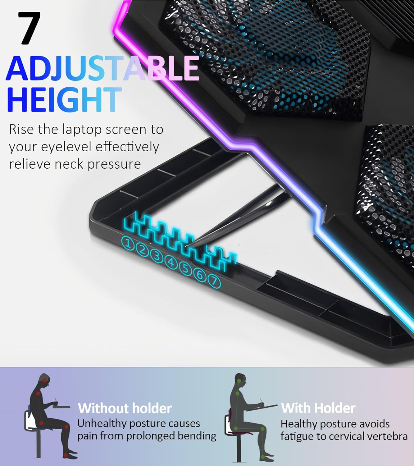 Upgraded Laptop Cooling Pad - RGB Lights Laptop Cooler with 6 Quiet Fans Adjustable Cooling Stand for 12-18 Inch Laptops, Dual USB Ports, Gaming Cooling Pad for Desk or Lap Use image number 2