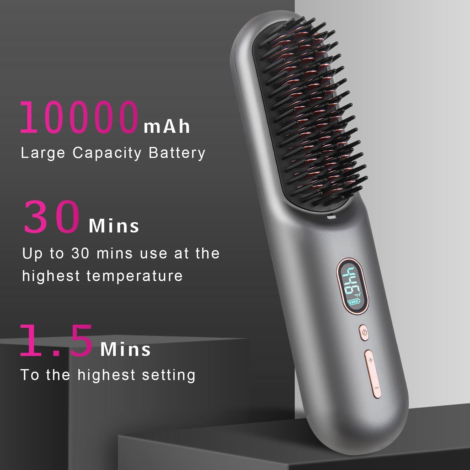 DESIPESI Cordless Hair Straightener Brush, Portable Negative Ion Hot Hair Brush, 12 Temperature Settings with Auto-Off Safety, 10000 Mah Large Battery & Mini to Carry Out (Grey) image number 3