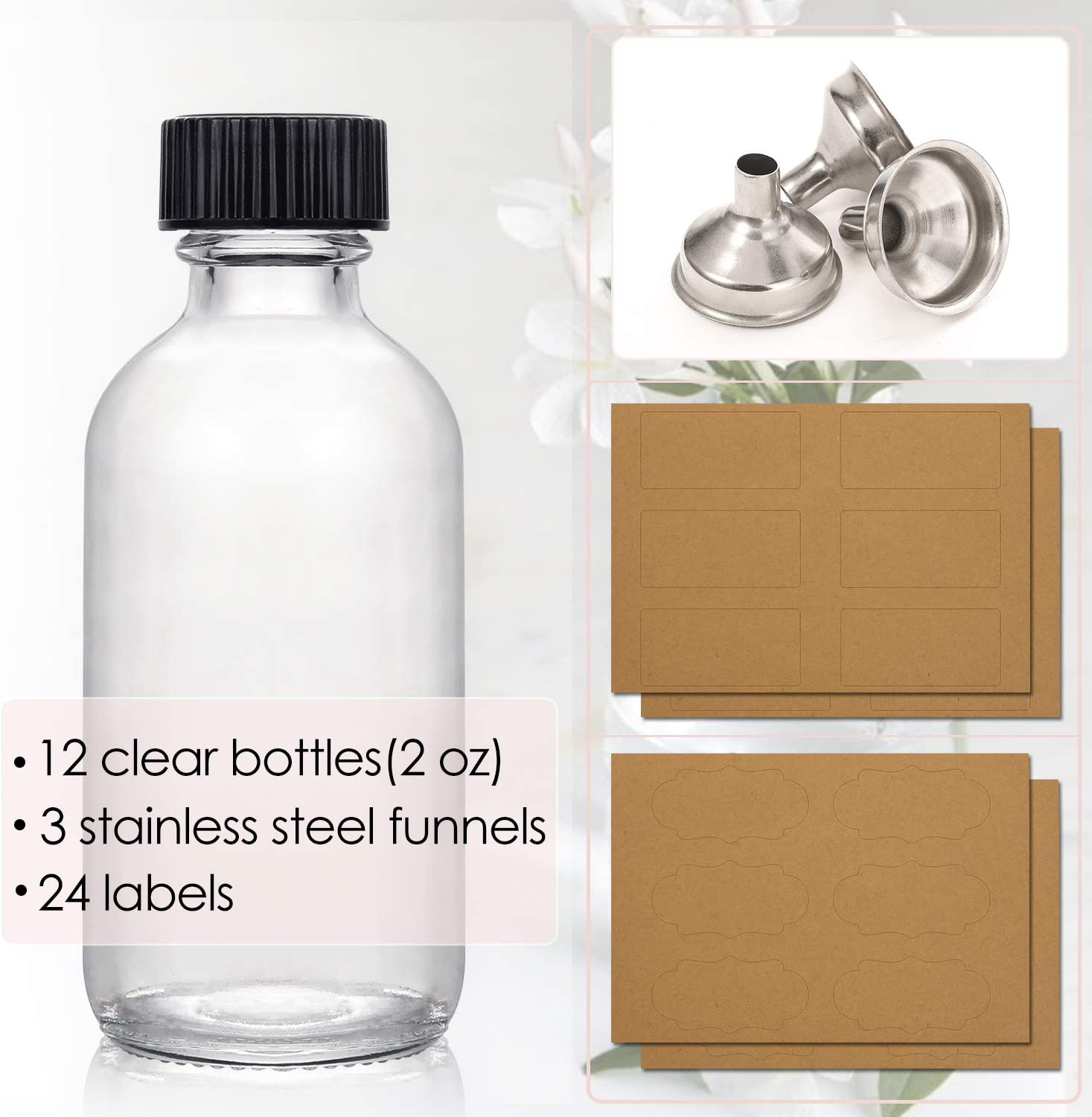 12 Pack, 2 Oz Small Clear Glass Bottles W/Lid & 3 Stainless Steel Funnels - 60Ml Boston Sample Bottles - Mini Travel Essential or Decorative Bottles for Potion, Juice, Wellness, Ginger Shots, Whiskey image number 1