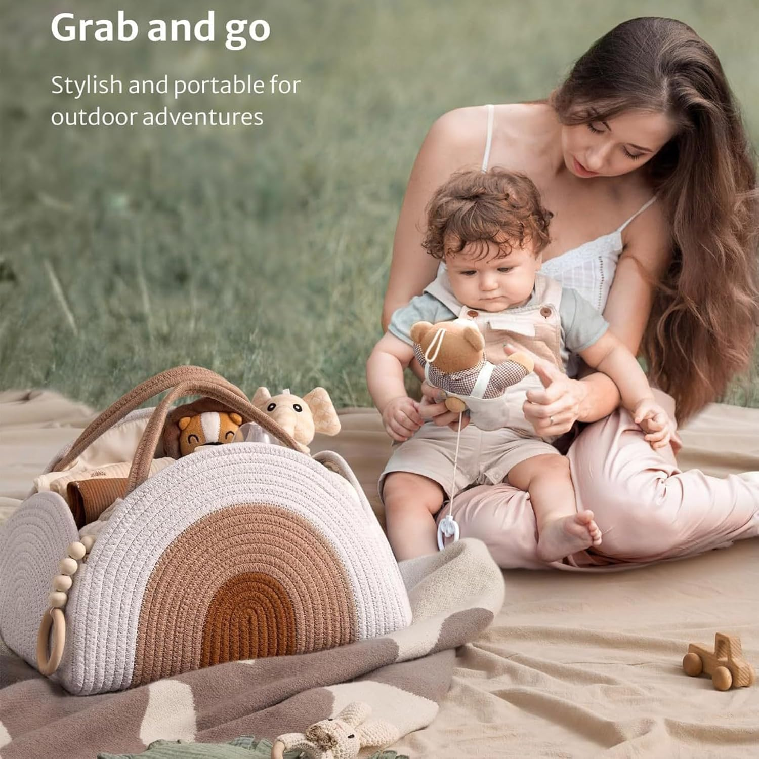 YUEMING Nappy Caddy, Baby Nappy Organiser, Cotton Rope Newborn Essentials Diaper Caddy with Dividers, Portable Baby Caddy Storage Basket, White