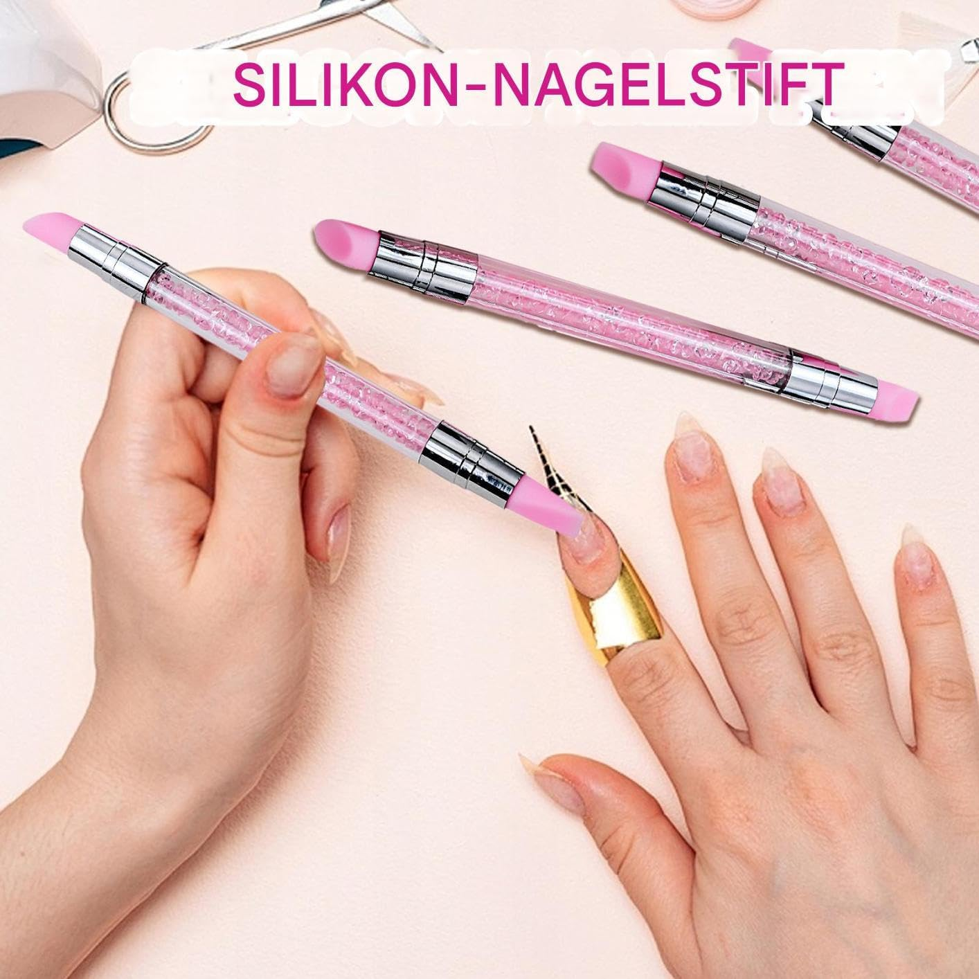Silicone Nail Brush Double-Sided Rhinestone Nail Polish Engraving Pen - Manicure Accessories with Non-Slip Handle as Aid for Modelling Drawing and Shaping image number 1