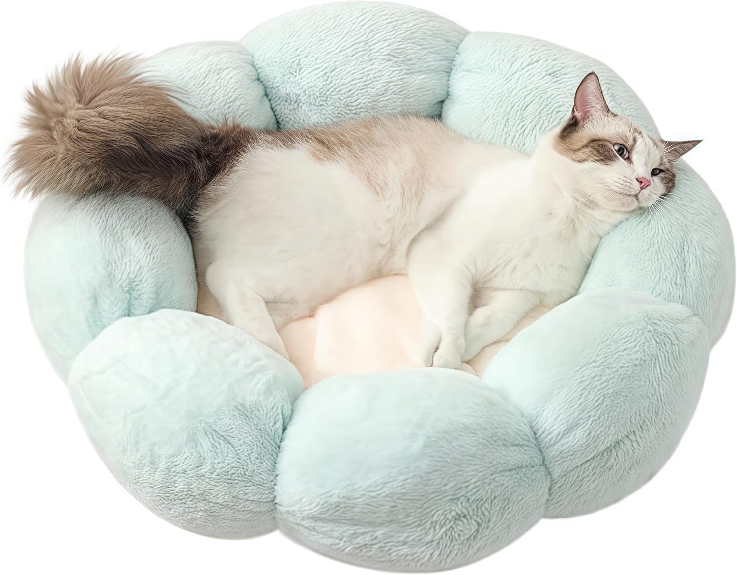 Life'Bea Flower Shaped Pet Bed for Cats & Small Dogs - Cozy & Calming Plush Cushion, Soft Rabbit Fur-Like Fabric, Non-Slip Bottom, Machine Washable - Deep Sleep-Light Green, 55Cm image number 5