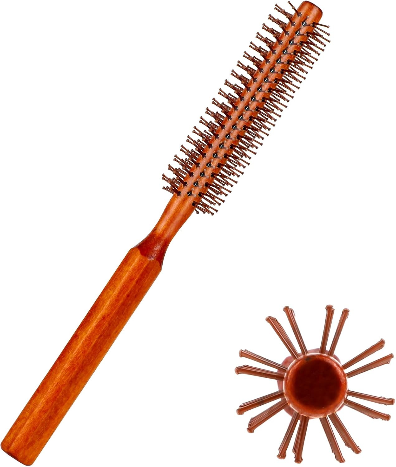 Small round Brush for Blow Drying, Hair Brush with Wooden Handle, Nylon Bristles for Wet Hair, Bangs, Beard, Styling, Lifting, Curling image number 5