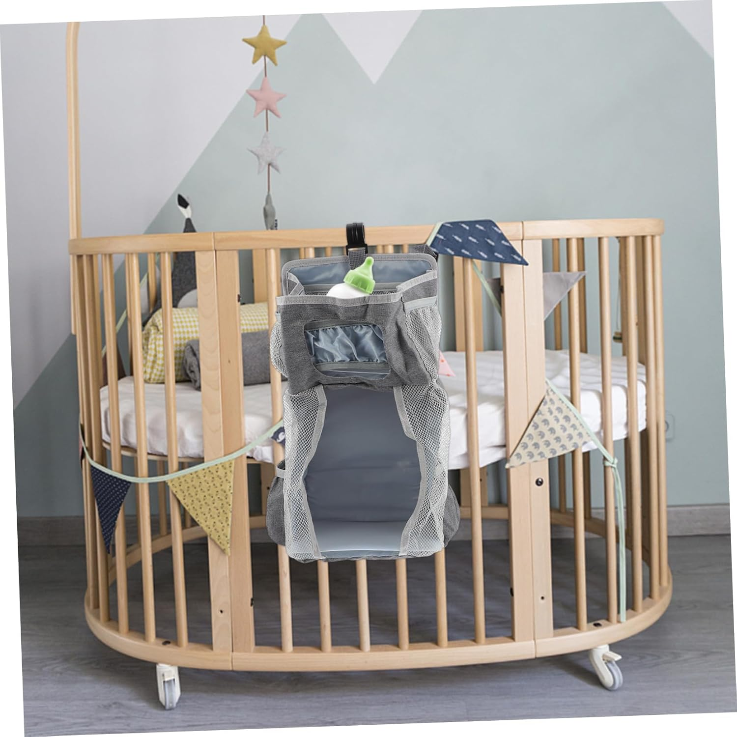 Hanging Diaper Organizer Bag for Nappy Storage Crib Pouch Grey Snowflake Material Easy Attachment to Bed for Quick Access to Essentials image number 6