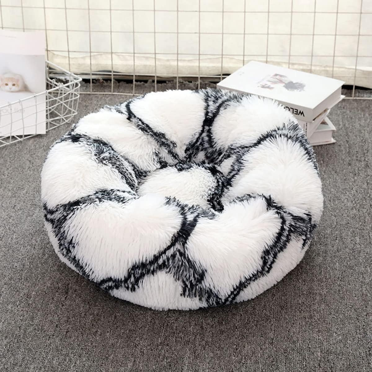 Dog Cat Bed, Donut Pet Bed for Small Dogs, Fluffy Cozy Self-Warming Improved Sleep Pet Cushion Beds, Anti-Slip Machine Washable Light Diameter16In