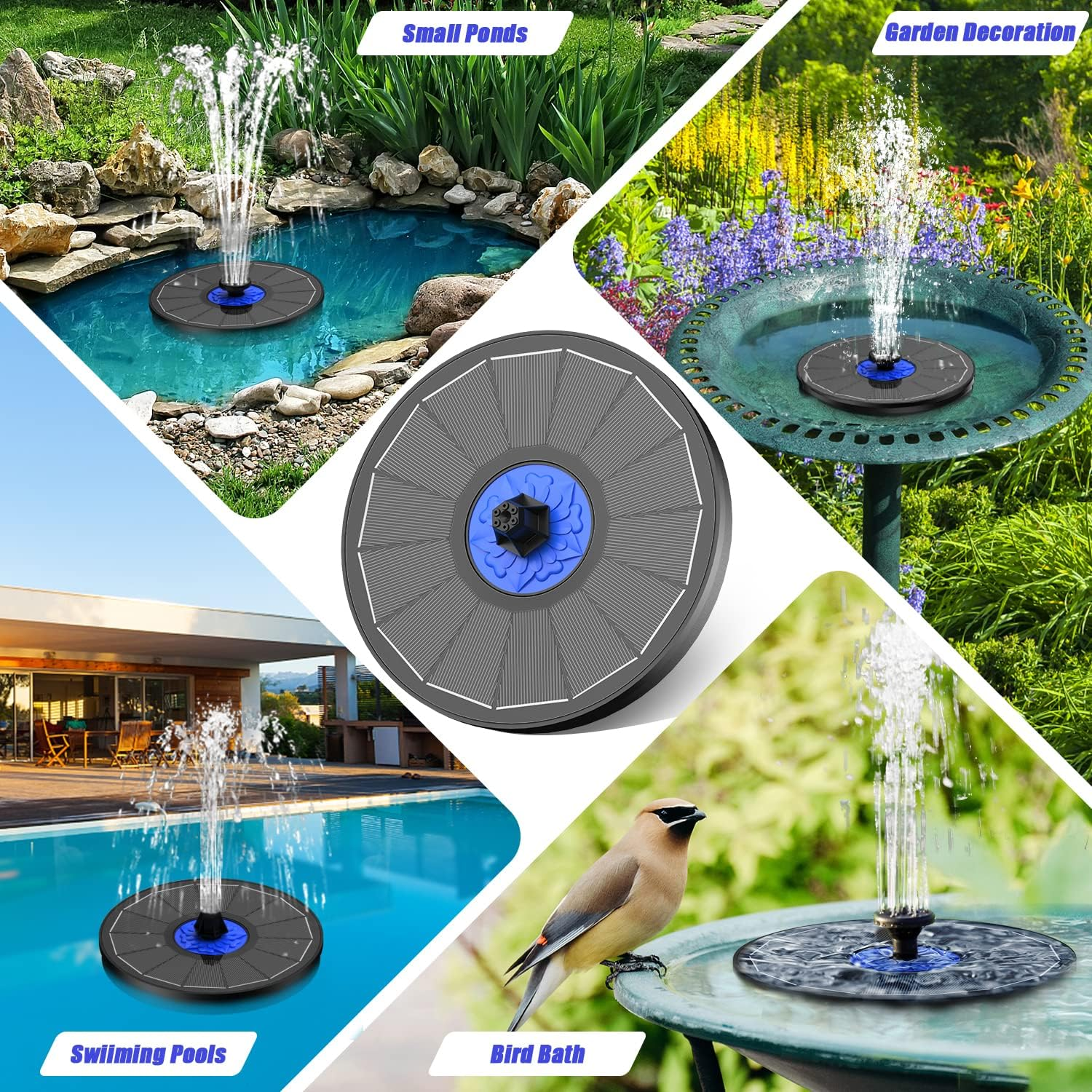 SZMP Solar Fountain 2023 Upgrade, 3.5W Solar Powered Bird Bath Fountains with Flower, Outdoor Water Feature Fountain Pump with 7-In-1 Nozzles, 4 Fixed Pipes for Humingbirds, Garden, Pool, Pond image number 4