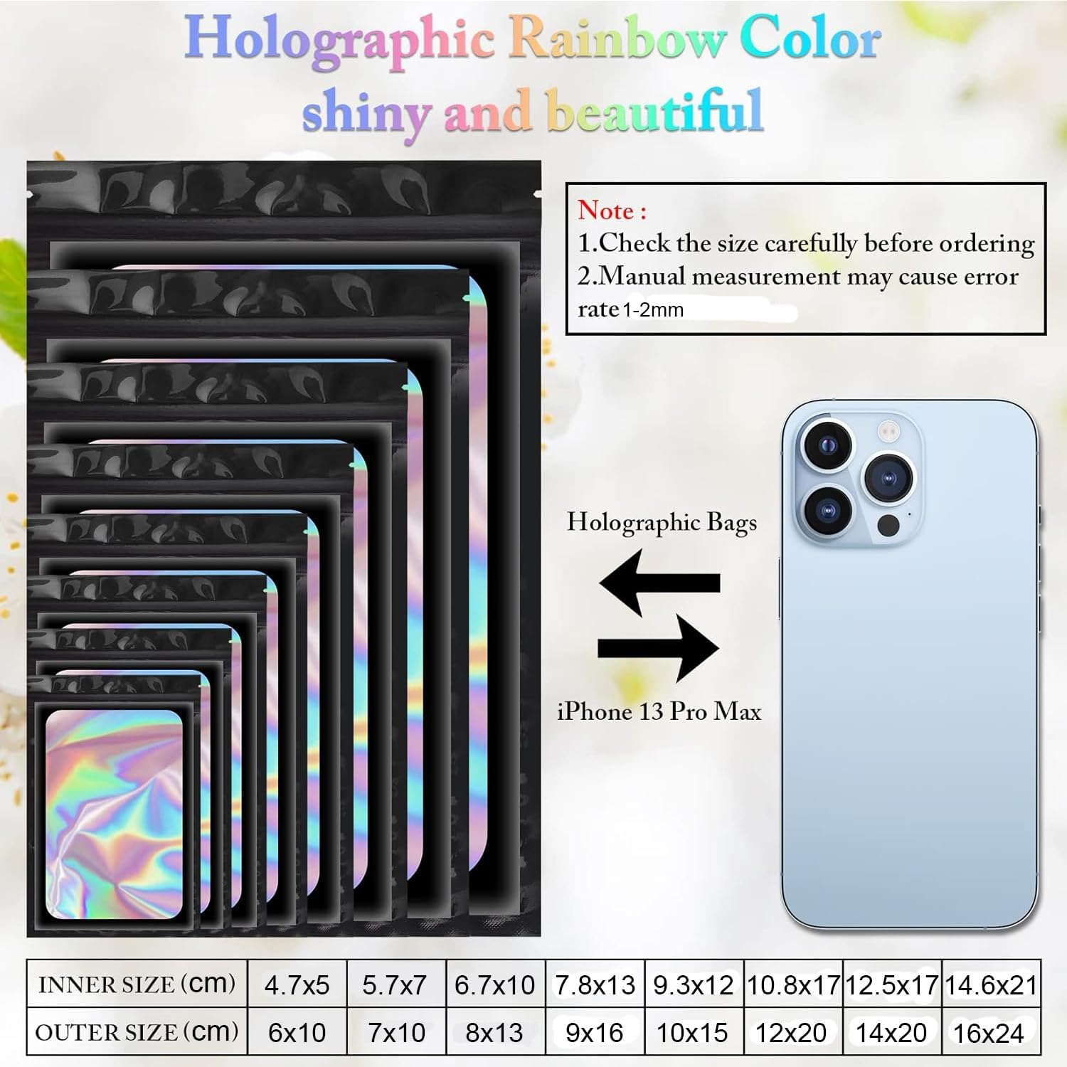 100PCS Black Holographic Mylar Resealable Packaging Bags for Small Business, Smell Proof with Front Clear Window, Foil Pouch for Food, Candy, Jewelry, Goodie (7X10Cm) image number 3