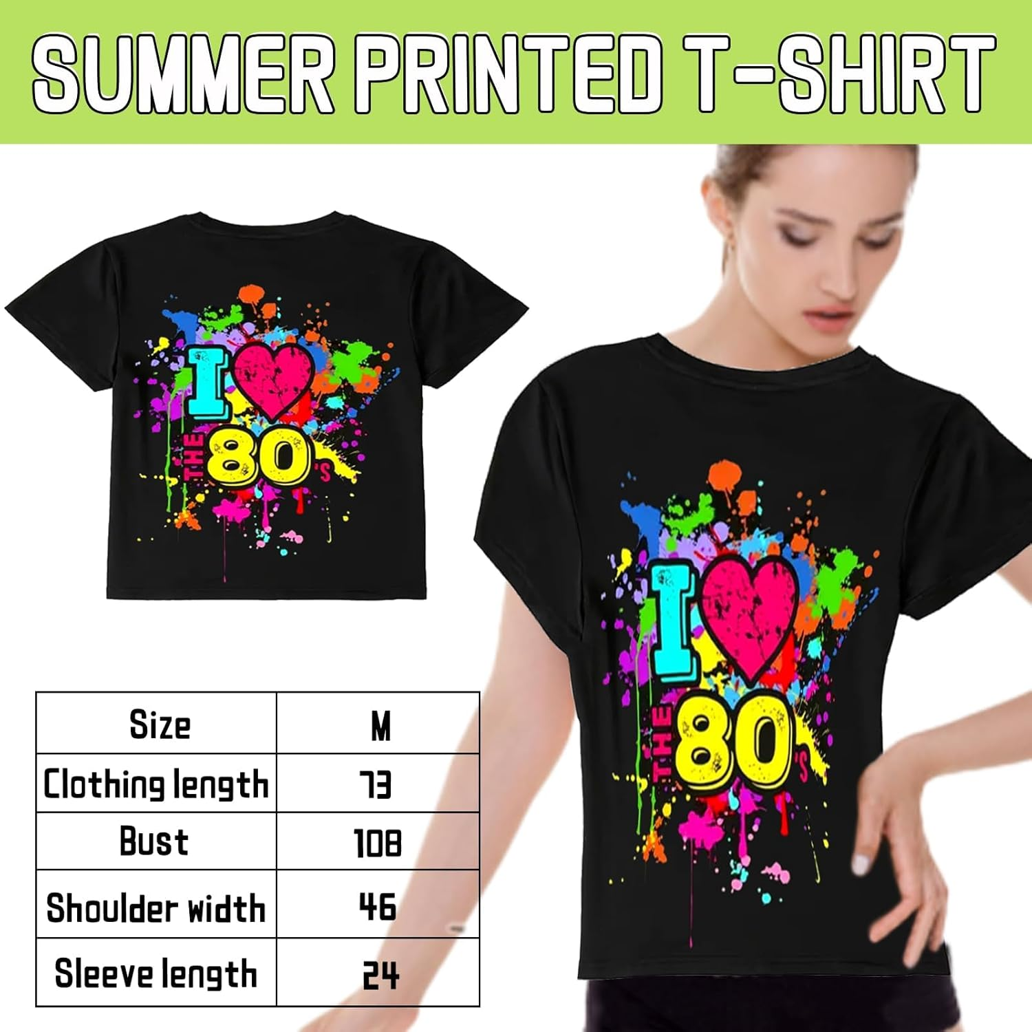 21PCS 1980S Girl'S Clothing and Accessory Set, 1980S Party Accessories, T - Shirt Printed with 80S Elements Matched with Necklace, Fishnet Gloves, Etc. for 80S Themed Party, Carnivals image number 1