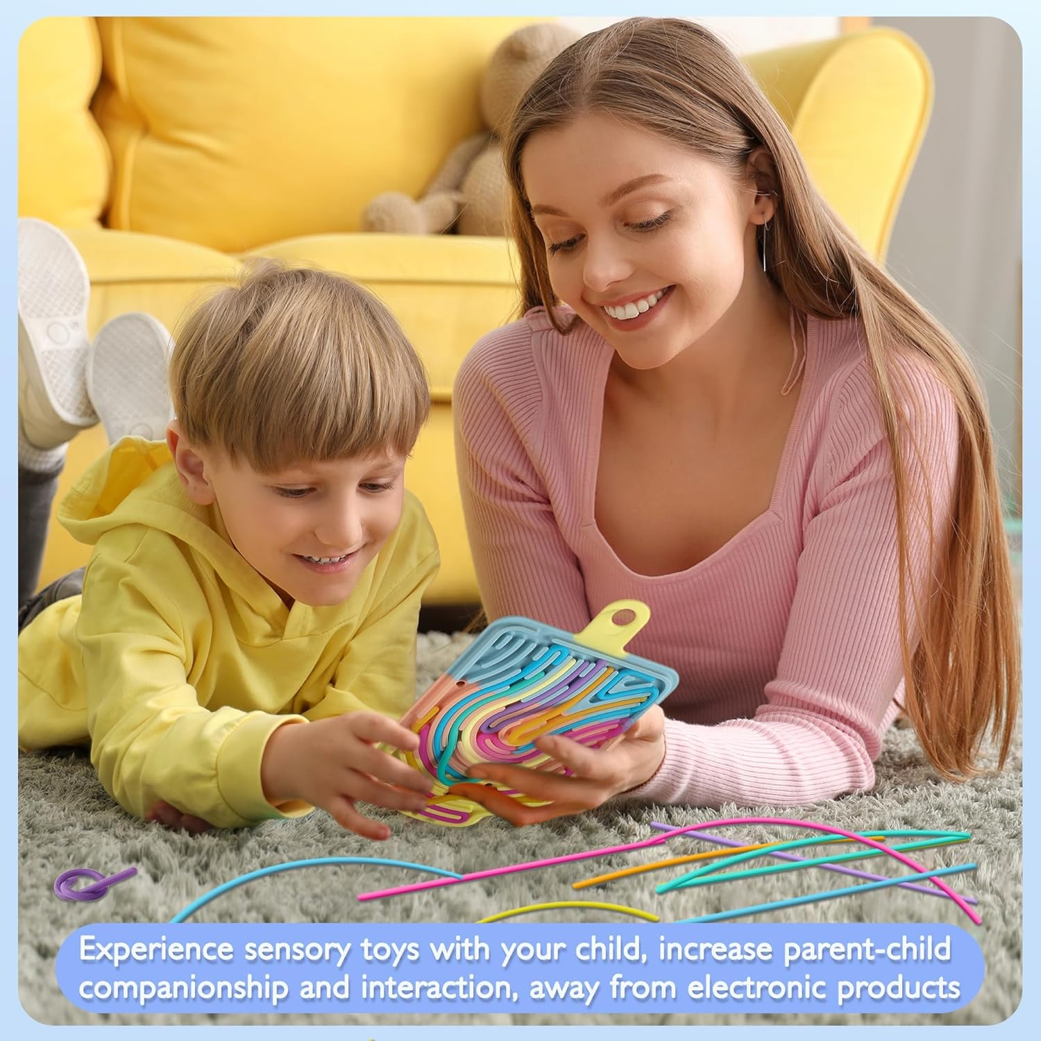 Silicone Sensory Activity Board, Double-Side Fidget Toy for Anxiety, Stress, ADHD, Autism and Calming, Silent, No Mess, Sensory Board with Portable Travel Bag & 12 Strings, Kids 3+ & Adults, Colorful