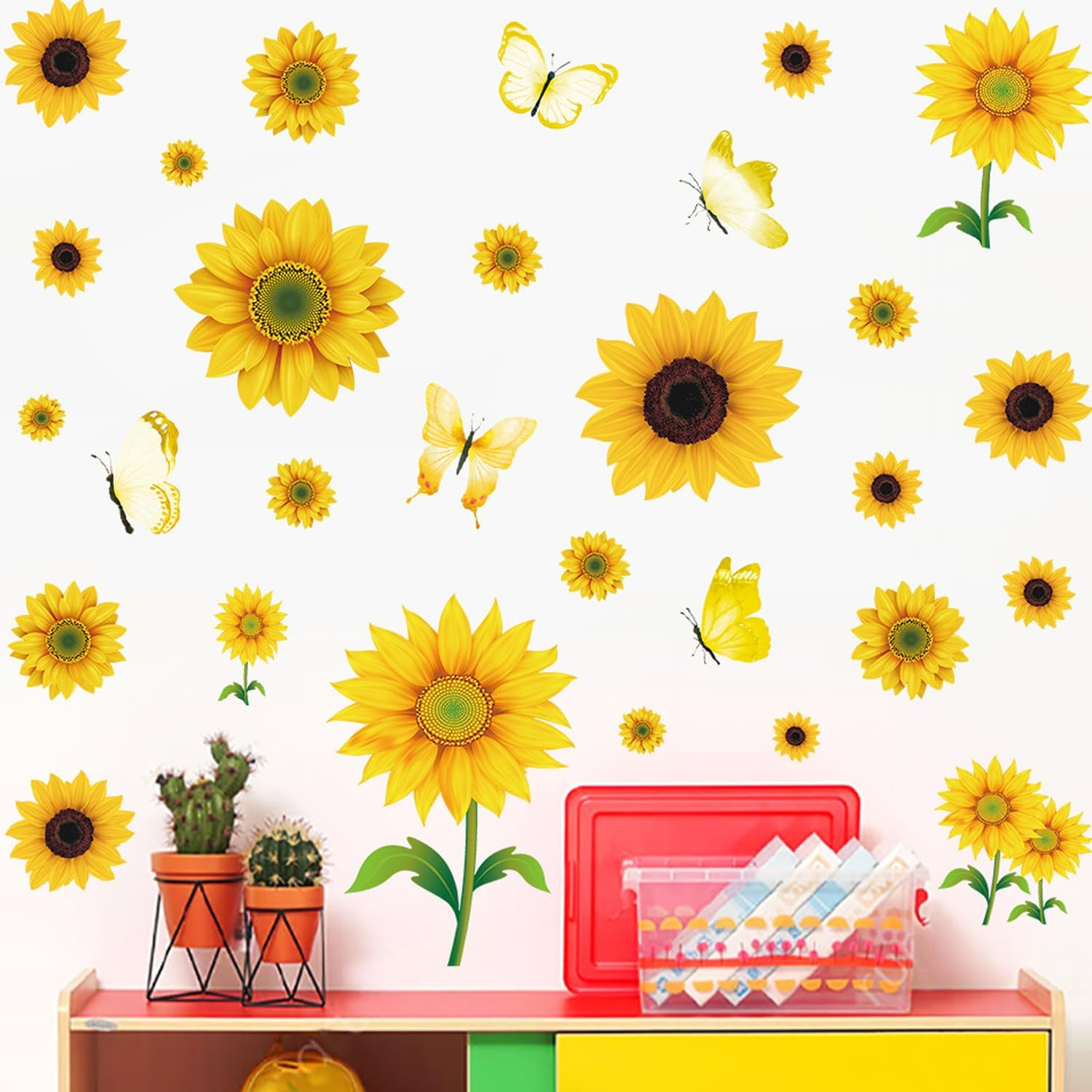 Sunflower Wall Sticker Flower Vines Hanging Wall Decal Green Leaves Floral Wall Art for Living Room Bedroom Home Decoration