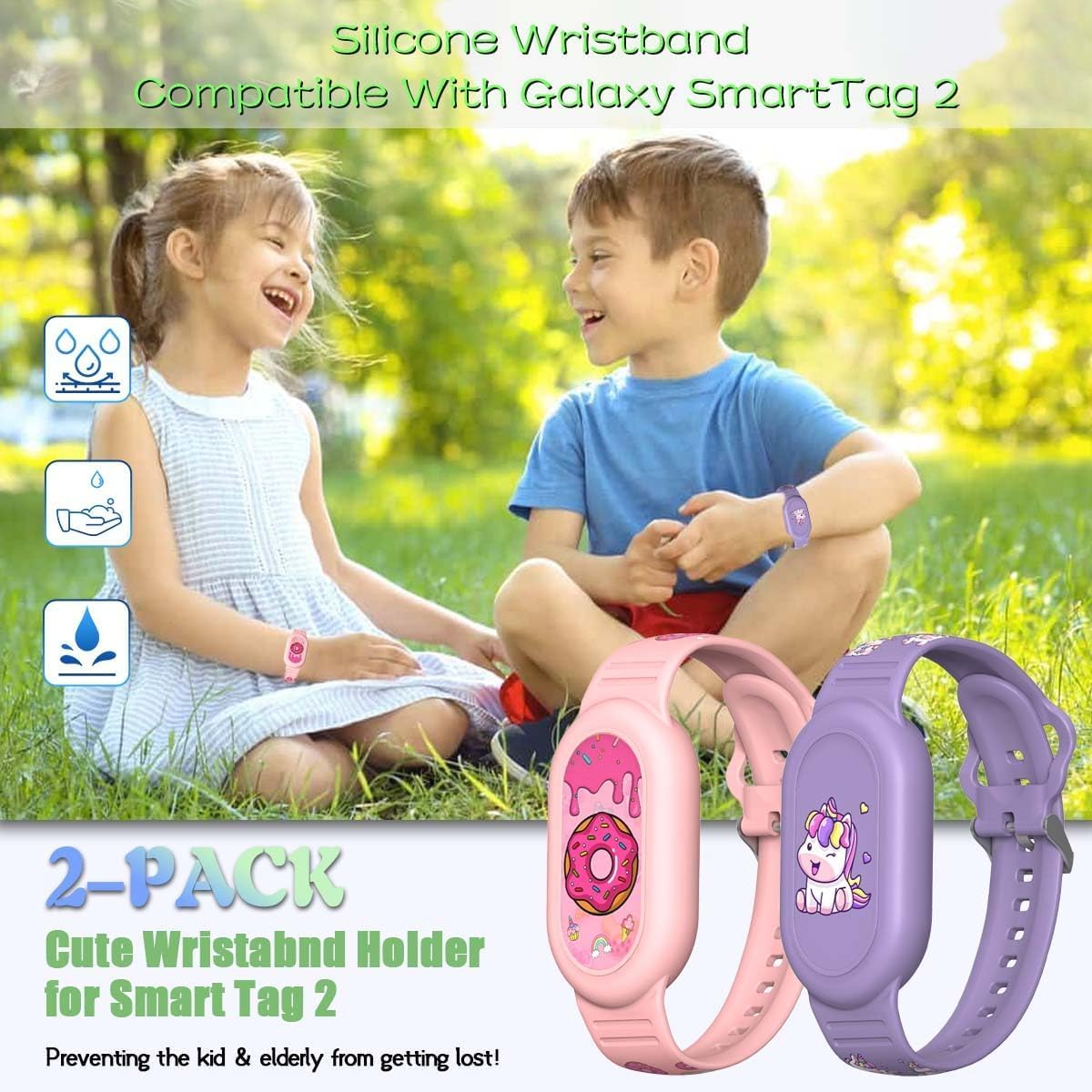 [2Pack] Cute Bracelet for Galaxy Smarttag 2 (2023), Silicone Cartoon Smart Tag 2 Wristband Holder Compatible with Samsung Smarttag 2 Waterproof Smart Tag 2 Case for Kids Elderly(Unico & Donuts) image number 1