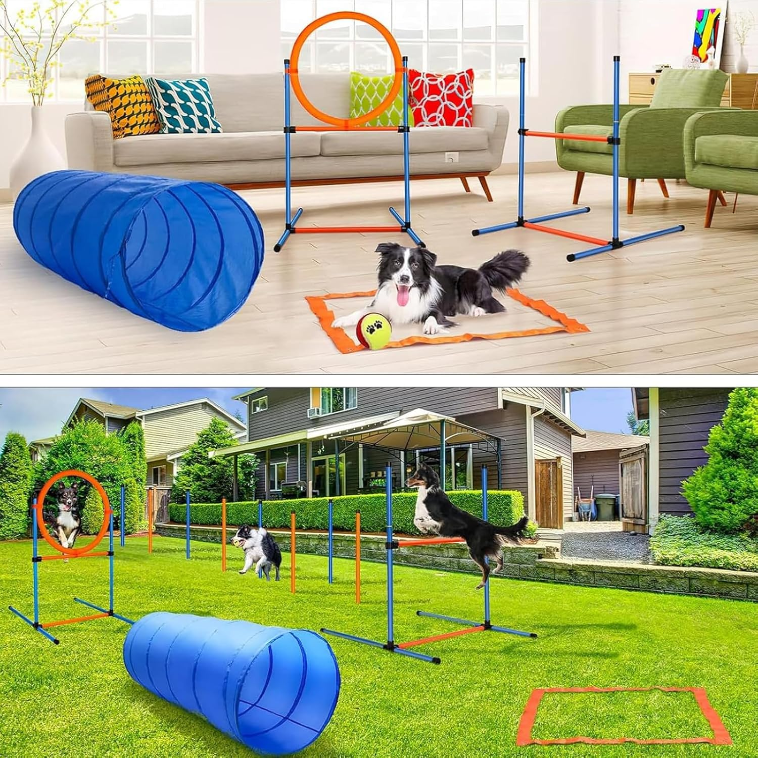 Dog Agility Training Equipment, Dog Obstacle Course Training Starter Kit Includes Tunnel, Weave Poles, Adjustable Hurdle, Jump Ring, Pause Box,Carrying Bag, Pet Outdoor Games image number 2
