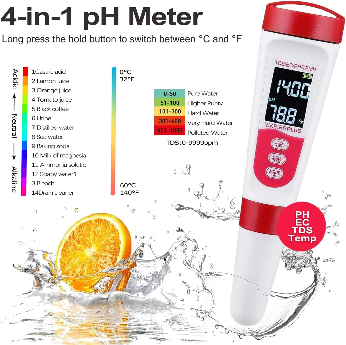 PH Meter, 4 in 1 PH EC TDS Temp Meter for Water Hydroponics, 0.01 High-Accuracy Waterproof Digital Water PH Tester with ATC, Backlight for Household Drinking, Pool, Aquarium, Nutrients Growing, Lab