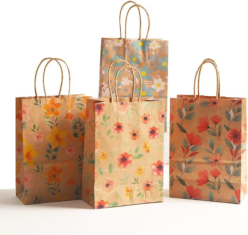 12.6''Large Kraft Gift Bags, 12Pcs Geeric Party Bag Printing Flower, Gift Wrapping Bags with Handles, Candy Treat Bag, Paper Bags Bulk for Wedding,Thanksgiving Day, Flower Pattern Party Supplies (4 STYLES FLOWERS&times;3 15&times;21&times;8Cm)