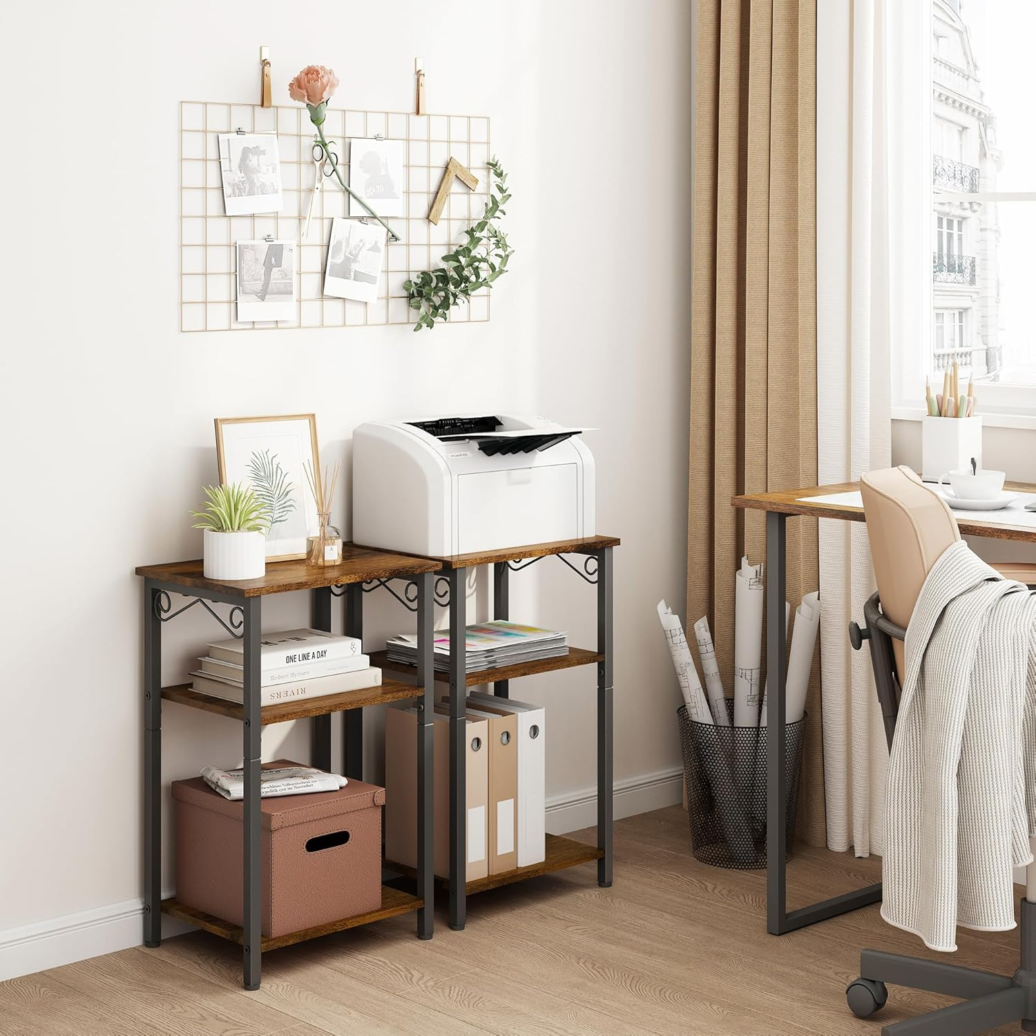 Hoctieon 3 Tier Tall End Table, Slim Night Tables, Narrow Side Table with Storage, Nightstand for Small Spaces, Metal Frame, for Living Room, Bedroom, Sofa Couch, Hall, Easy Assembly, Rustic Brown image number 4