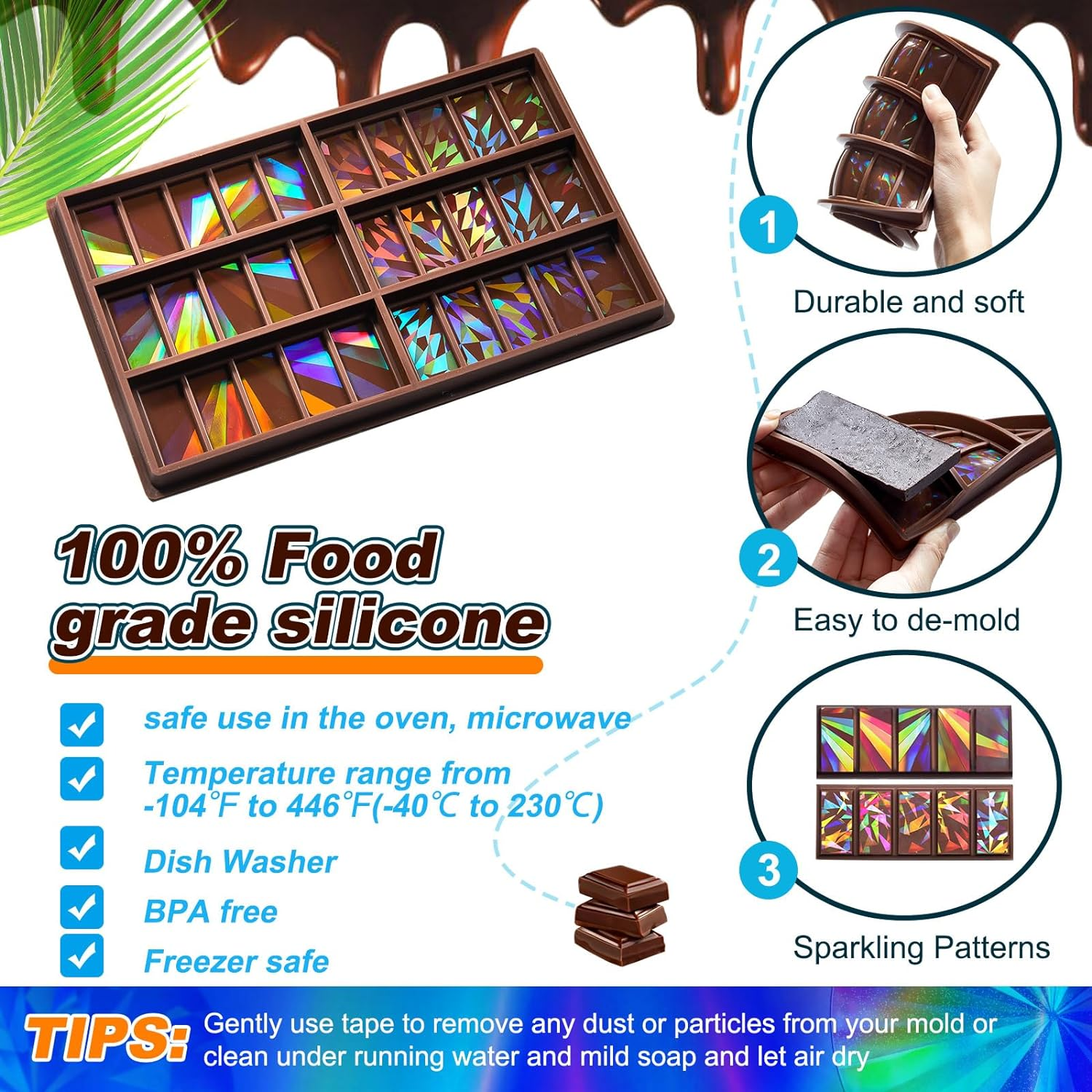 Ziliny Holographic Chocolate Molds Resin Silicone Chocolate Bar Deep Thick Molds for Reusable DIY Baking Wax Melts(Windmill and Snowflake) image number 2