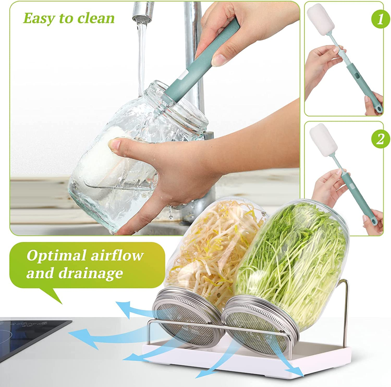 Sprouting Jar Kit 2Pcs Large Wide Mouth Mason Jars with Stainless Steel Screen Sprout Lid,Sprouting Jar Stand,Tray,Blackout Sleeves,Brush-Seed Sprouting Kit for Growing Mung Beans,Broccoli and so On image number 4
