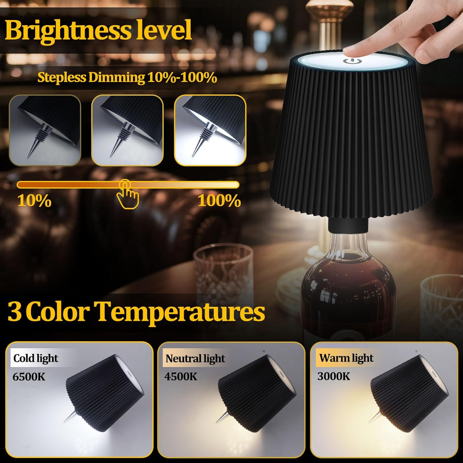 Bottle Lamp Attachment LED Rechargeable, 3 Adjustable Colour Temperature Modes, Touch Bottle Lamp, Protection Class IP54, Wireless USB Rechargeable Table Lamps, for Restaurant, Bedroom, Garden, Bar image number 4