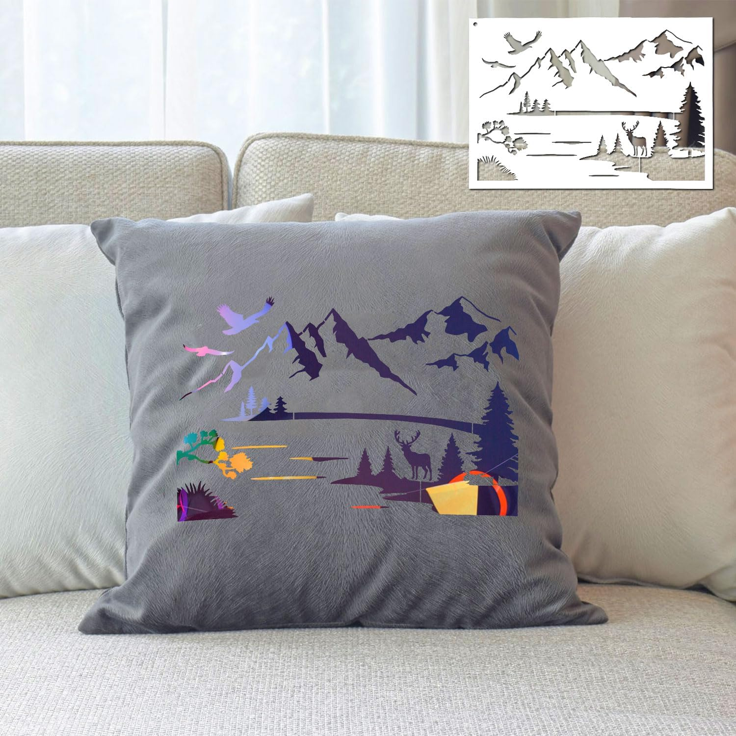 6Pcs Mountain Stencils for Painting on Wood, Reusable Wood Burning Stencils Pine Tree Wildlife Deer Template Forest Pattern Stencils for Wall Drawing Fabric Furniture Canvas Crafts image number 3