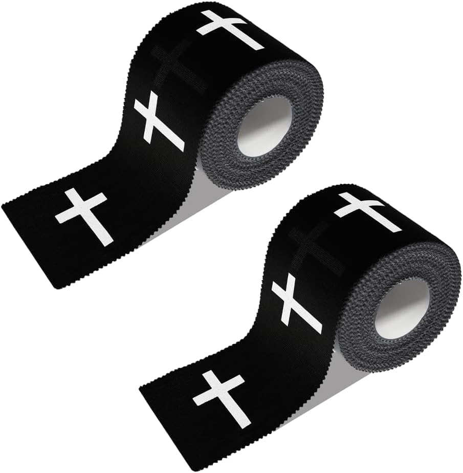 Christian Cross Athletic Sports Wrap Tape, 2 Roll Serrated Edges Cotton Soccer Baseball Wrist Wrap Ankle Tape with Black Cross,Cotton Cloth Breathable Athlete Tape Faith Religious Sports Wrap, Black image number 1
