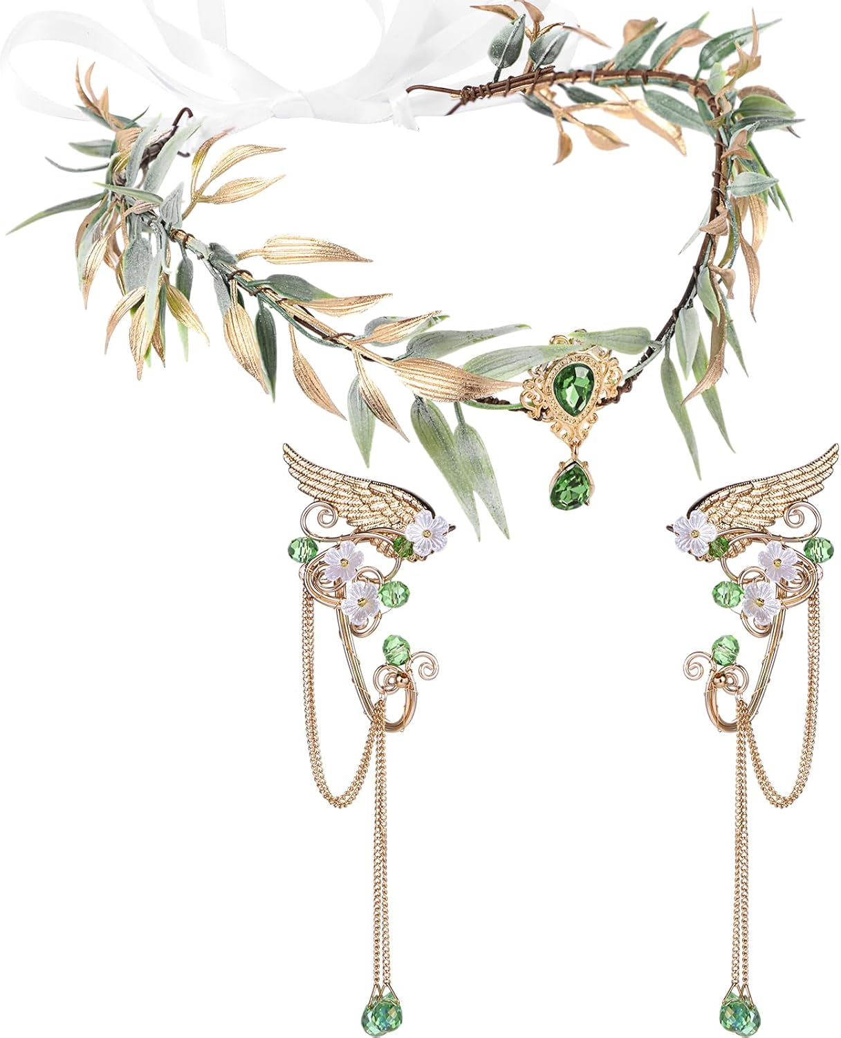 Zeyune Halloween Elves Cosplay Set Fairy Flower Crown Headpiece Elf Ears Cuffs Renaissance Costume Leaf Elves Wings Ear Cuff