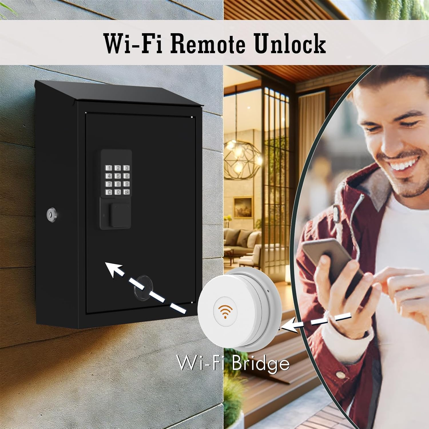 Mailbox with Electronic Lock, Wall Mount Locking Postbox for House, OTP/APP Bluetooth/Wi-Fi/Fixed Code/Key Unlock, Large Capacity for Collect Letters, Key Drop Box, Black, Waterproof, 14X4X10In image number 5