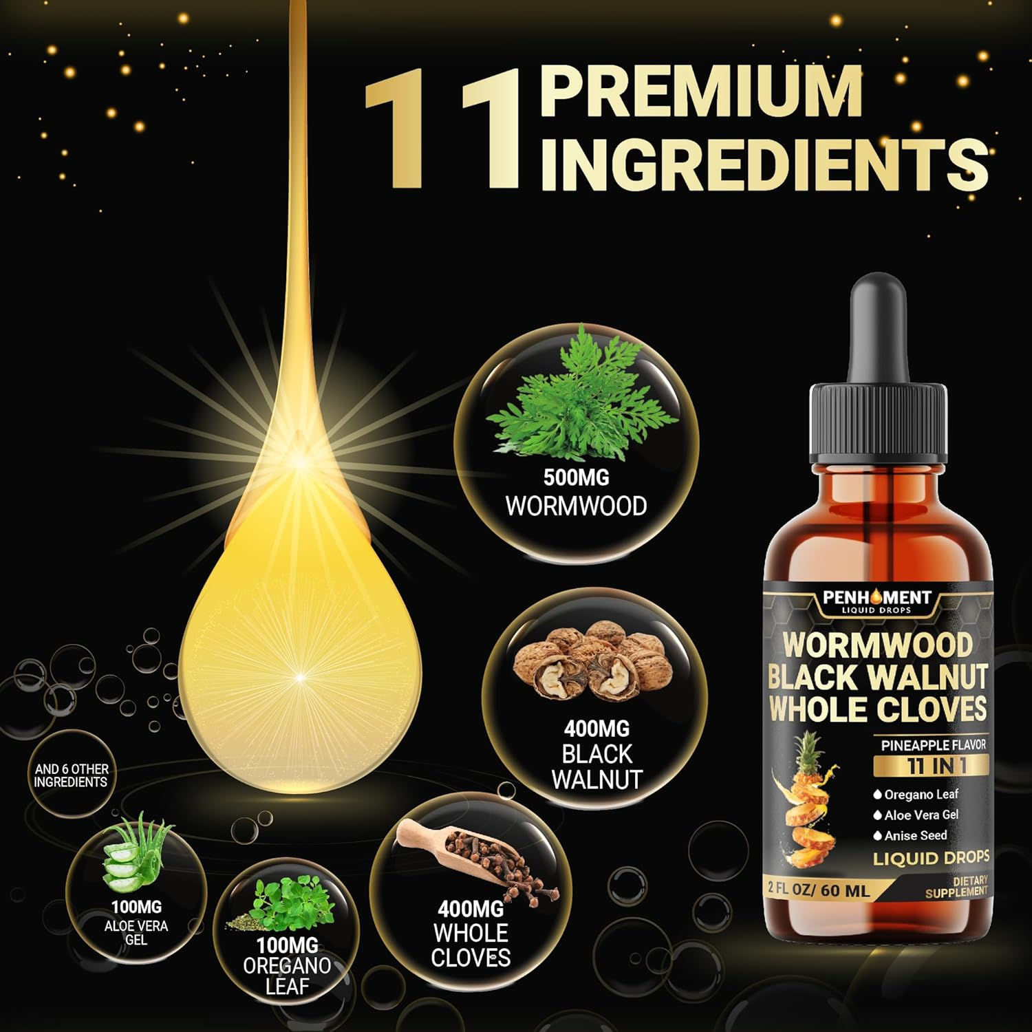 11In1 Liquid Wormwood Drops with Black Walnut, Whole Cloves, Oregano & 7 More - Pineapple Flavor - 2 FL OZ - 60 Days Supply image number 5