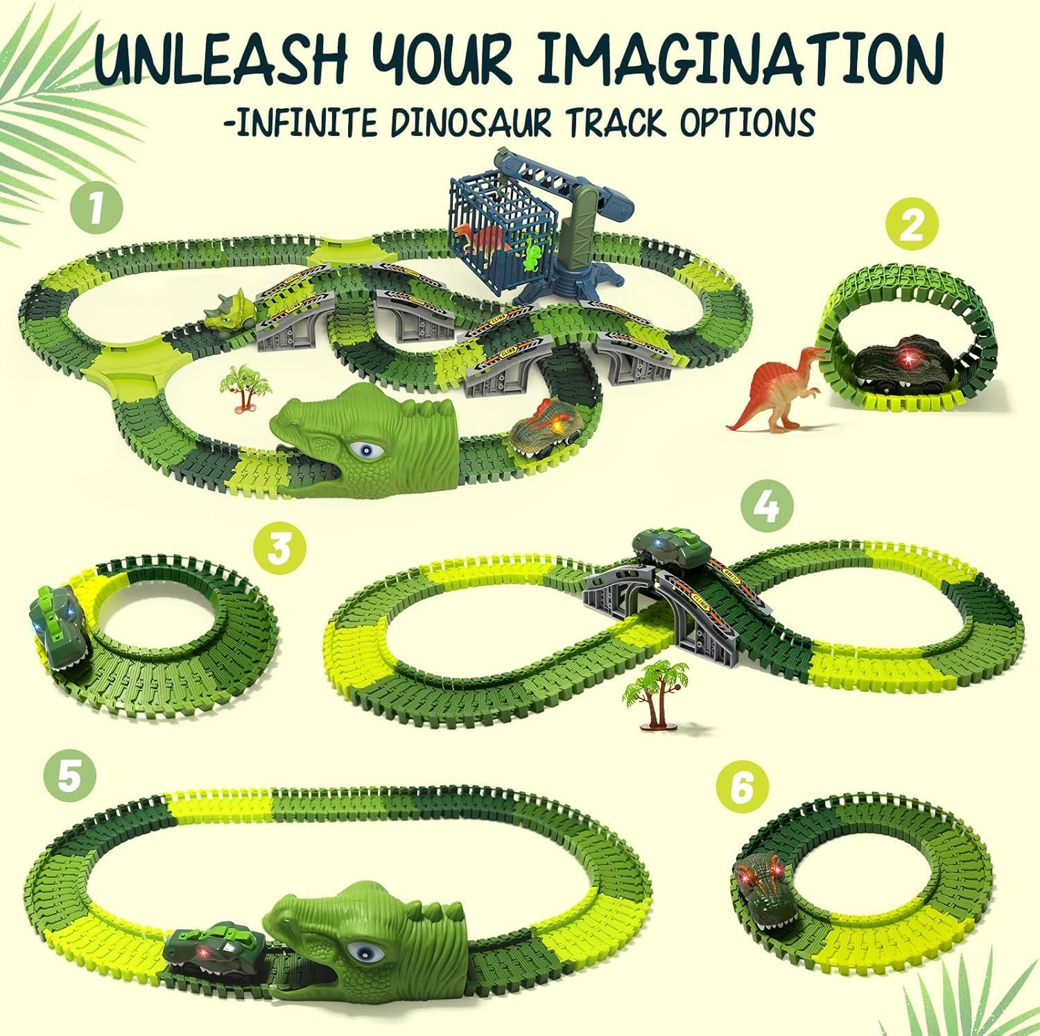 Dinosaur Toys, 279PCS Dinosaur Race Track Train Toy with 4 Dino Cars, 6 Dino Toys, 279 Track Set,C Reate a Dino World Road Race, Toys for Boys Kids Toddlers 3 4 5 6 7 8 10+ Year Old & Up