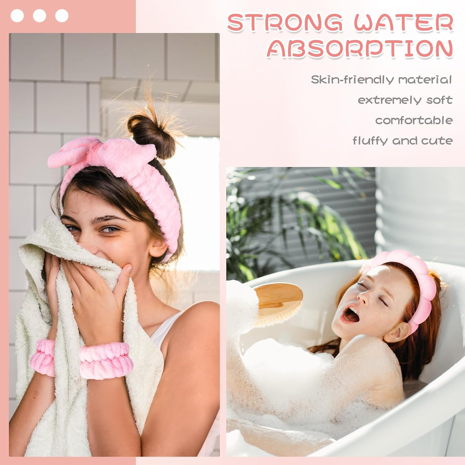 Leezmark 5 Pcs Spa Headband and Wristband Set, Skincare Headbands for Women, Bubble Spa Headband for Washing Face, Terry Cloth Headbands for Girls, Soft Velvet Makeup Headband Hair Accessories, Pink
