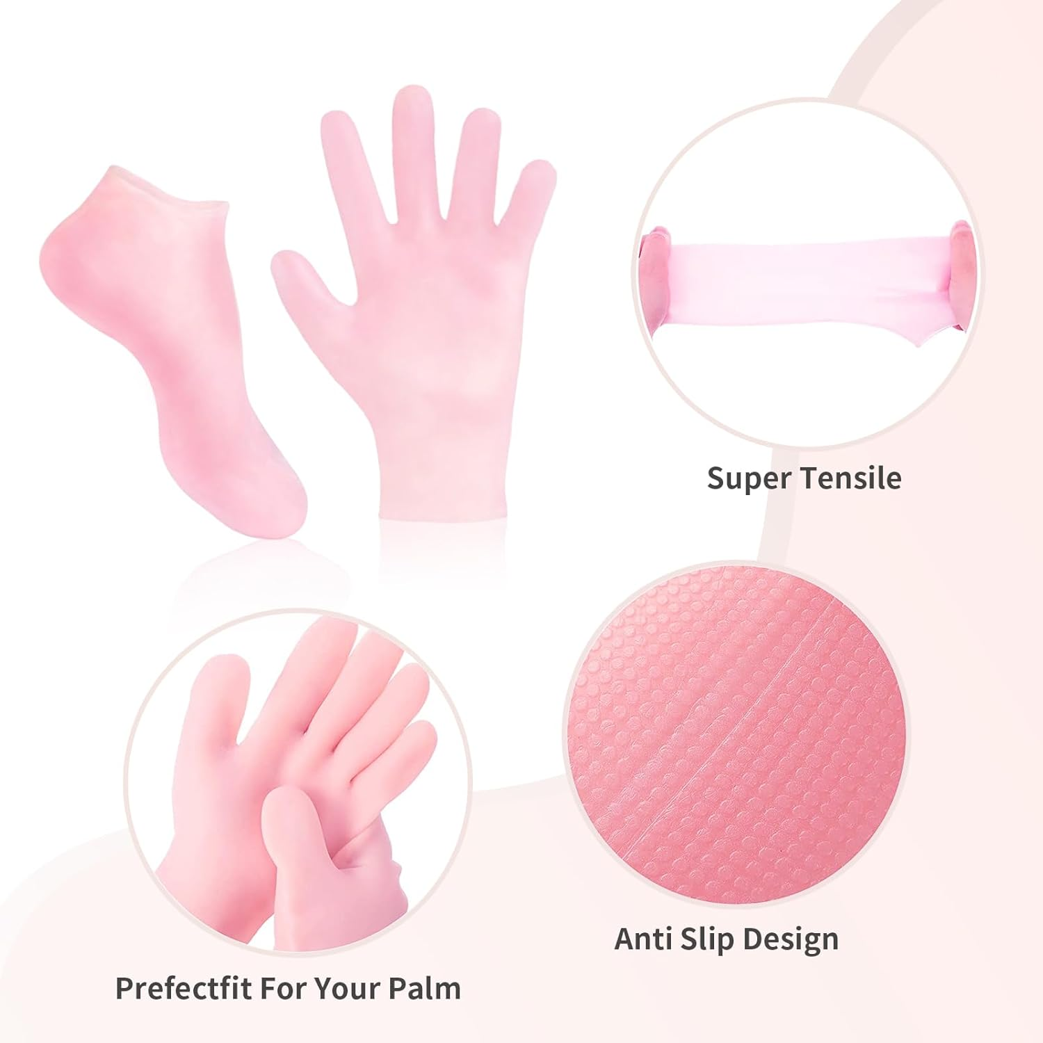 2 Pairs Moisturizing Glove Socks Set, Silicone Gel Spa Socks for Dry Cracked Skin,Silicone Gel Heel Socks anti Slip,For Foot Hand Softening, Calluses, Foot Care after Pedicure(Pink) image number 1